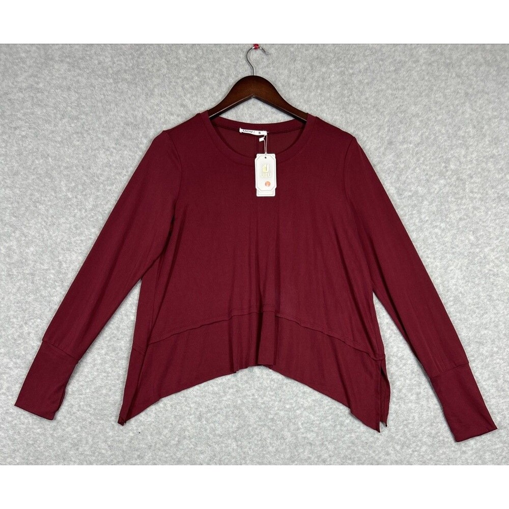 UEU Women's Long Sleeve Top Size S Burgundy Thumb Holes Asymmetric Hem NWT Boho